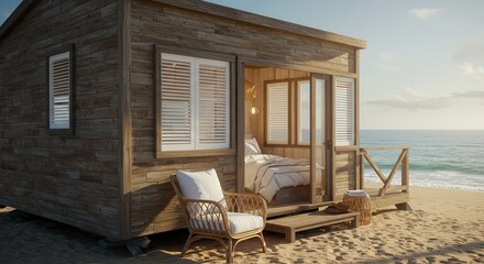 Beachfront Cabin Retreat with Ocean View and Wicker Chair Relaxing