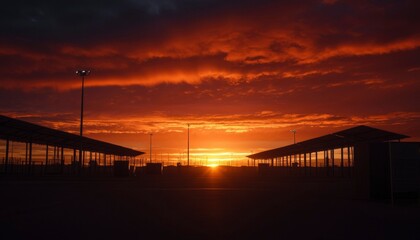 Obraz premium Sunset at market as the sun shines over dark silhouettes, commercial use