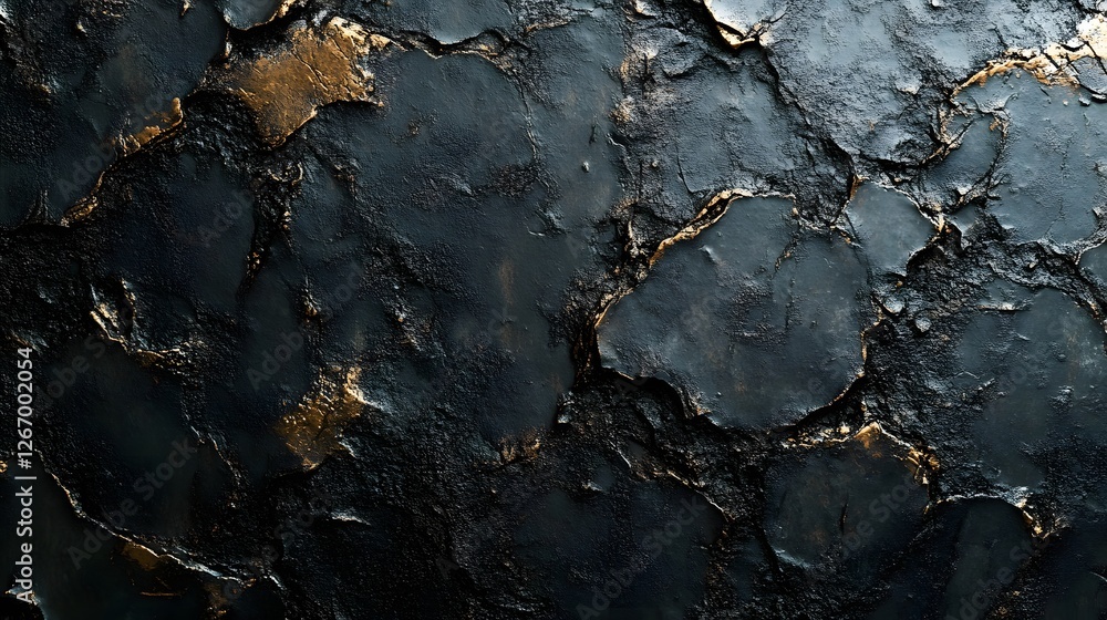 Poster A captivating image showcasing a dark, textured surface with hints of gold. The abstract composition offers visual depth and luxury. Macro Grainy surface texture background. Grainy Black and Gold