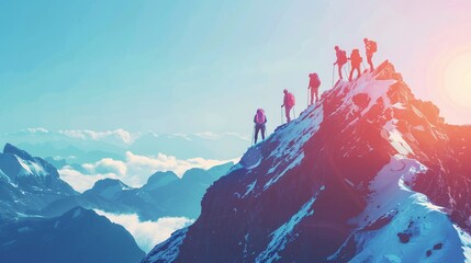 A group of people are climbing a mountain