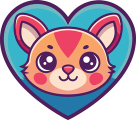 Cute Cartoon Cat Face in Heart Shaped Frame, Kawaii Style Cat Vector Illustration with Playful Expression, Adorable Pet Portrait Iconic Logo Design