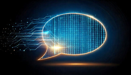 Stunning abstract image of a glowing speech bubble filled with binary code, emanating digital streams. Perfect for tech, communication, AI, data, and digital transformation concepts.