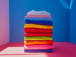 Bright and Fresh Folded Clothes Arranged in Piles, Vibrant Pastel and Bold Colored Apparel Neatly Stacked Against a Warm Coral Background for a Cheerful Aesthetic