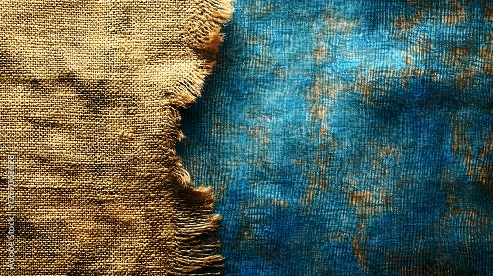 Poster Close-up shot of a torn burlap texture juxtaposed against a blue canvas. The contrast in colors and textures creates a visually interesting image. Grainy canvas surface texture detail.