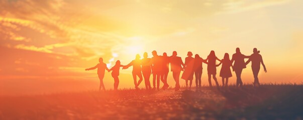 A group of people are standing in a field with the sun in the background