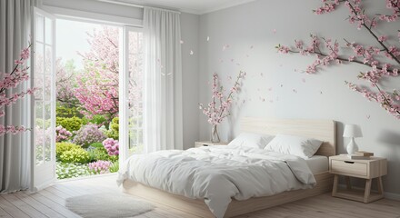 Bedroom Interior Design with Cherry Blossom Decorations and Garden View