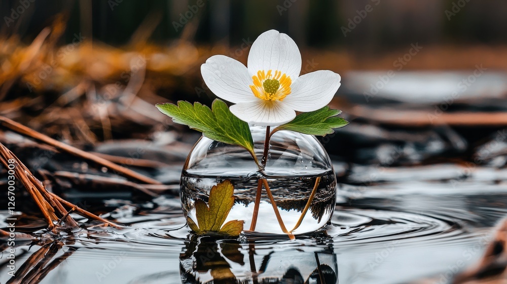 Poster delicate white flower floating in water with natural elements and reflections in a tranquil setting