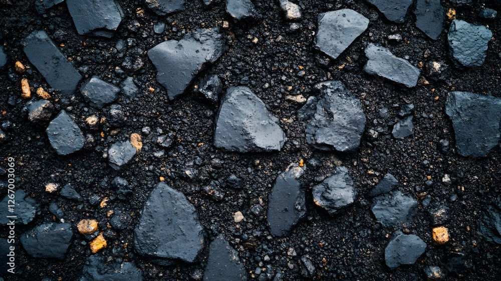 Poster close-up view of dark volcanic rocks and gravel. abstract background with a natural texture. gritty 