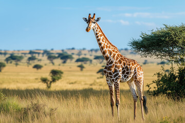 Obraz premium A majestic giraffe standing tall in the African savannah