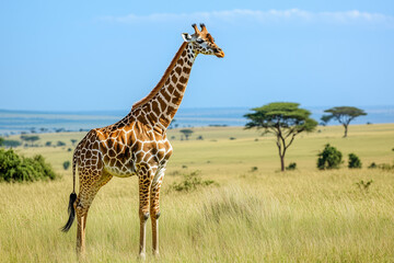 Naklejka premium A majestic giraffe standing tall in the African savannah