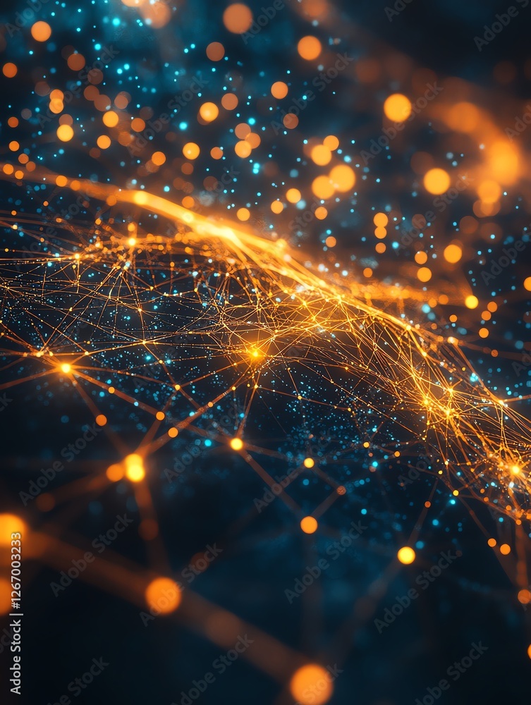 Poster abstract digital network with glowing particles.