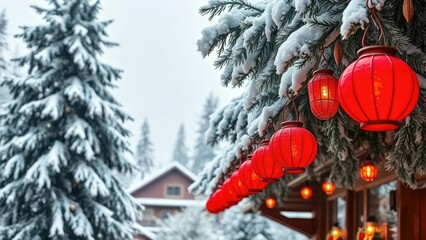 Red lanterns hanging from a tall snowy fir tree in winter landscape, frosty atmosphere, winter wonderland scene, cozy cabin background