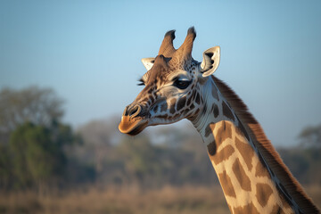 Fototapeta premium A majestic giraffe standing tall in the African savannah