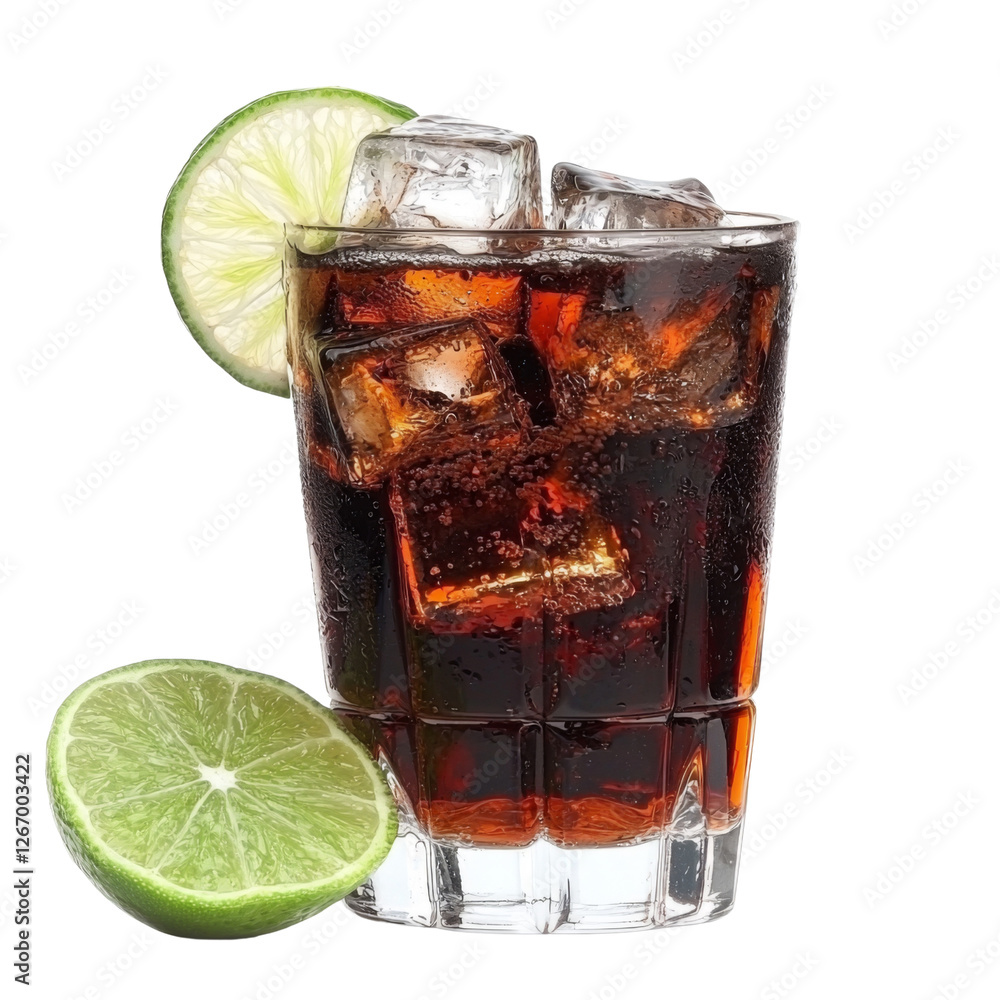 Poster refreshing drink with ice and lime slice, perfect for summer enjoyment