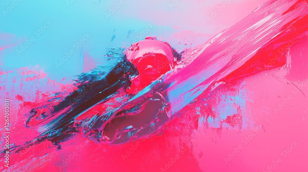 Poster vibrant abstract canvas with distorted patterns, chaotic colors blending seamlessly, evoking a sense