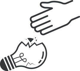 Isolated outline illustration hand pick  up broken glass, cracked lamp, damaged electric light bulb, for safety sign label