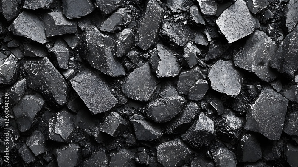 Poster close-up view of a collection of dark gray stones, showcasing their texture and irregular shapes. gr