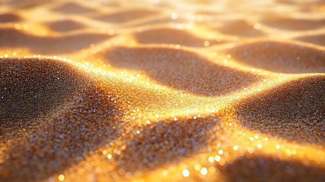 Close-up view of sunlit golden sand, showcasing its texture and the warm glow of sunlight. Gritty sand detailed texture background.