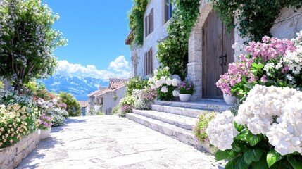 Obraz premium Sunny village street, flower-lined, mountain view, idyllic postcard