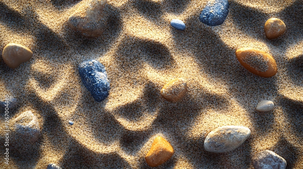 Poster close-up view of colorful pebbles scattered on a sandy beach. the sunlight enhances the texture and 