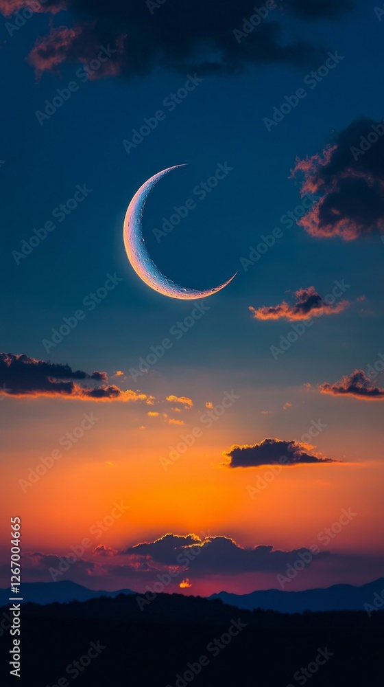Poster as the new moon graces the horizon, the sky transforms into a palette of oranges and blues. this cel