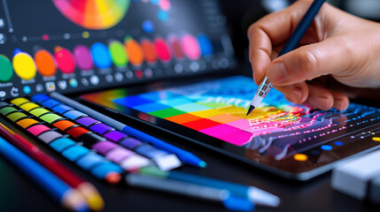 Fototapeta premium Digital Artistry: A hand meticulously applies color to a digital canvas on a tablet, surrounded by a vibrant array of colored pencils and a color wheel, showcasing the creative process of digital art.