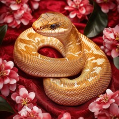 Obraz premium A beautiful snake among blooming flowers.