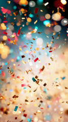 coloured confetti as a white New Year's background. AI generative.
