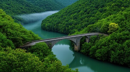 Serene Landscape with Stone Bridge over Tranquil River Amidst Lush Green Hills and Forests