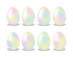 Set of modern pastel gradient colored Easter eggs. Holographic abstract eggs in pastel colors. Gradient realistic Easter eggs set. Soft spring gradient. Isolated vector design for stickers