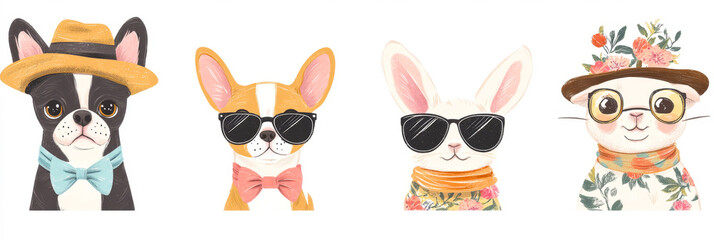 Set illustration of adorable pets dressed in stylish and fashionable outfits: dogs, cats, rabbits. Isolated on white background