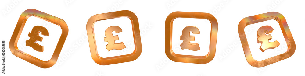 Poster set of 4 3d pound curved rectangle outline shapes with golden and rainbow effects isolated on a tran