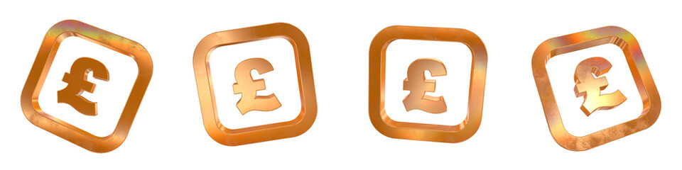 Set of 4 3d pound curved rectangle outline shapes with golden and rainbow effects isolated on a transparent background. 3d elements for graphic design.