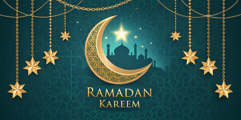Beautiful Ramadan Kareem greeting with a crescent moon, glowing stars, and a silhouette of a mosque under a golden night sky