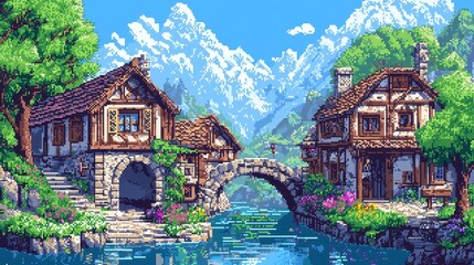 Medieval Pixel Landscape, a vibrant digital artwork showcasing a bustling castle town with knights, villagers, and lush greenery, all rendered in charming pixel art style.
