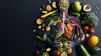 Transparent human figure filled with colorful fresh produce, showcasing nutritional wellness through vivid graphic representation