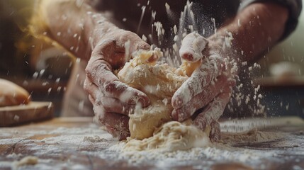 A man is kneading dough on a table