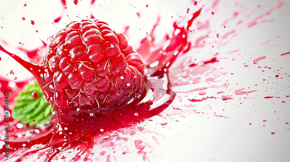 Poster a single raspberry splatters red juice on a white background.