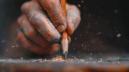 Fototapeta premium The Artist's Hand: A close-up shot captures the essence of creation, as a weathered hand meticulously draws with a pencil, leaving behind a trail of graphite shavings.