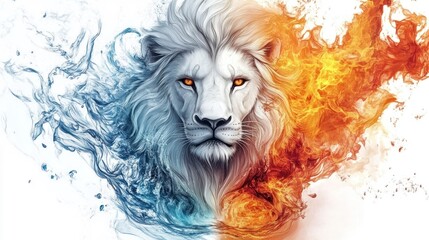 Abstract lion, fire and ice, symbolic, digital art, for desktop background or print