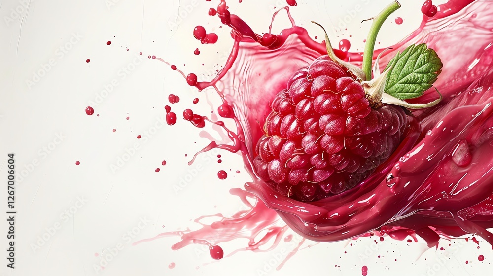 Poster a single raspberry in a splash of red liquid.