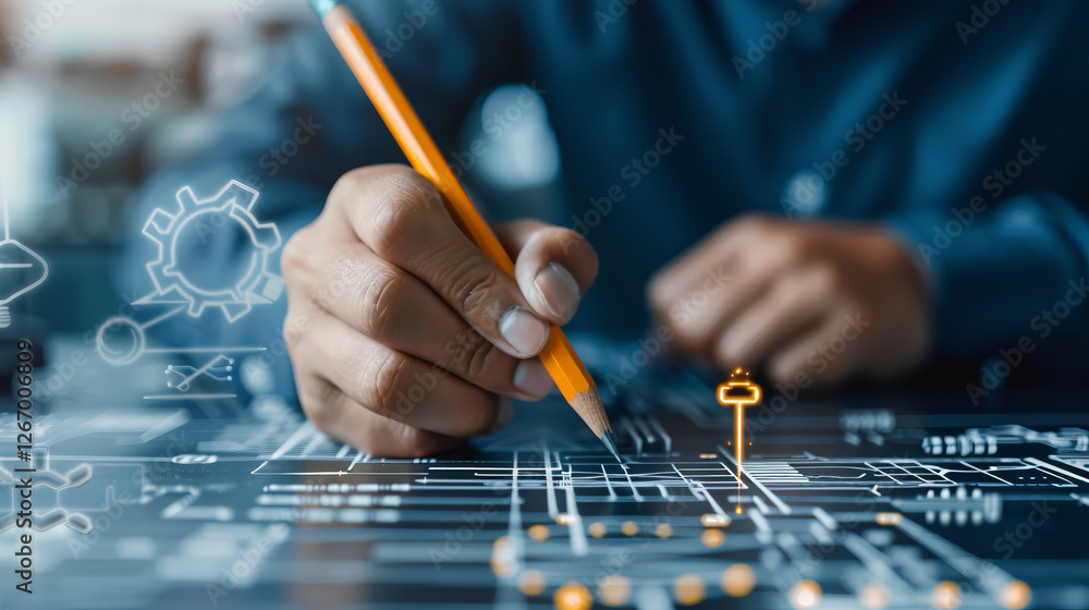 Poster engineering innovation: a close-up of an engineer's hand using a pencil to meticulously sketch a com