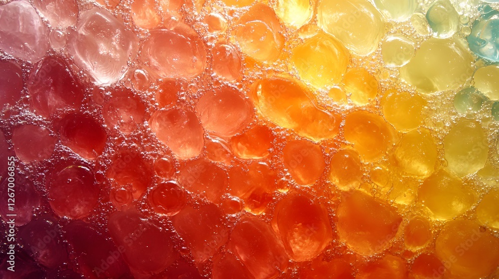 Poster close-up view of colorful oil and water bubbles forming an abstract rainbow texture. gummy detailed 