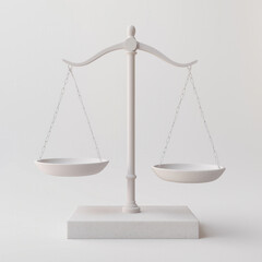 balance scale with two empty, suspended trays on a neutral background. The unbalanced positioning symbolizes justice, fairness, decision-making, and equilibrium