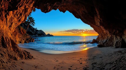 Breathtaking Sunset View from Rocky Cave Overlooking Ocean and Beach, Vibrant Colors and Calm Waves