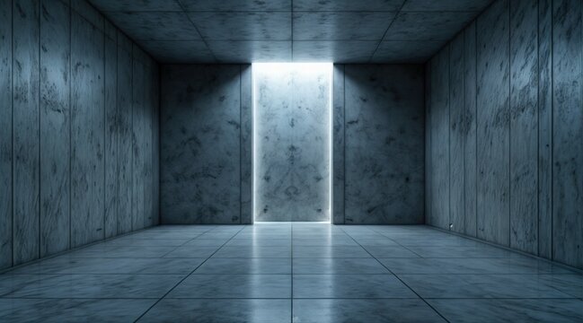 Futuristic concrete space with neon-lit vertical niche, rough textured surfaces, dim ambient lighting, reflections on the floor, minimalist design, sterile and calm environment with a touch of mystery