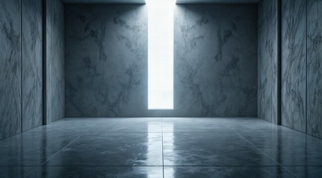 Minimalist concrete room illuminated by neon light, central glowing vertical niche resembling a portal, textured rough walls and floor, futuristic atmosphere, hidden light sources, serene and mysterio
