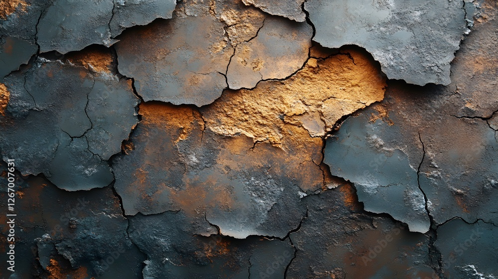 Poster abstract image of a cracked metallic surface. gold and dark grey tones create a dramatic texture. ma