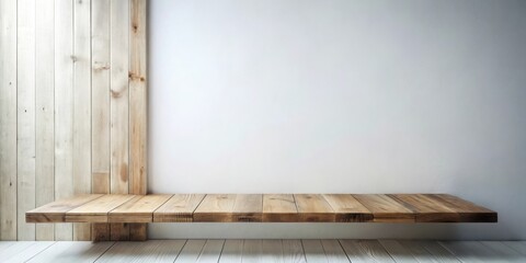 Rustic Wooden Shelf Against a White Wall, Perfect for Product Display or Interior Design Mockup