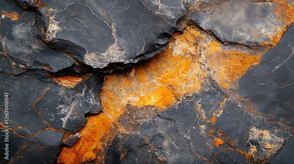Poster close-up view of a rocky surface showcasing a striking contrast between dark gray and vibrant orange